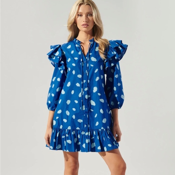 NWOT Sugarlips Odessa Dot Sammy Ruffle Drop Waist Dress Balloon Sleeves Cotton - Picture 1 of 16